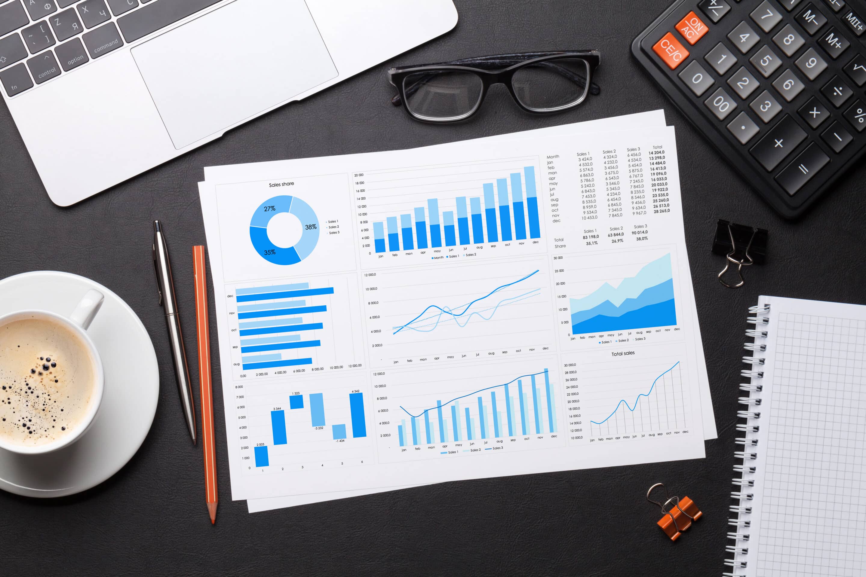 Office workplace table with reports