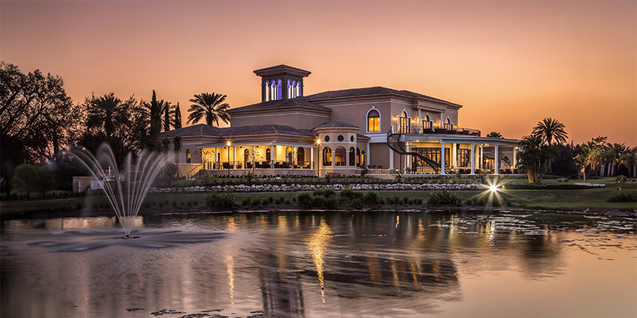 Clubhouse, Sunset, Pond