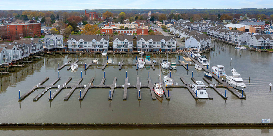 Aerial, Marina, Boats, Water, Buildings