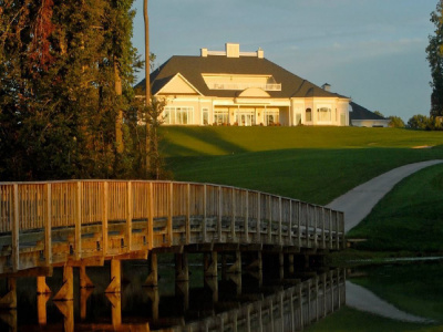 clubhouse, golf course, bridge