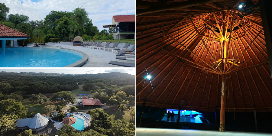 pool, trees, buildings