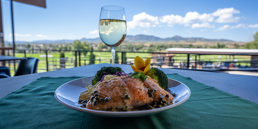 plate of food, wine