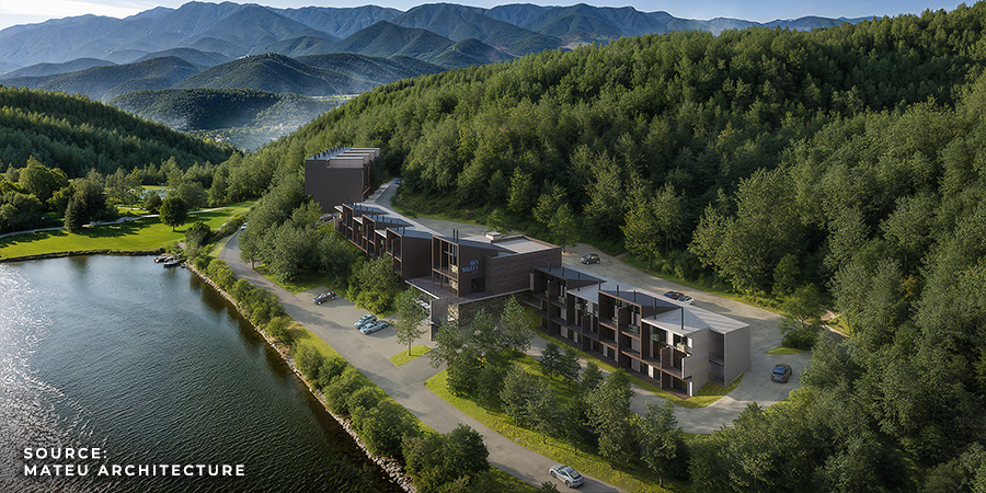 mountains, water, trees, buildings