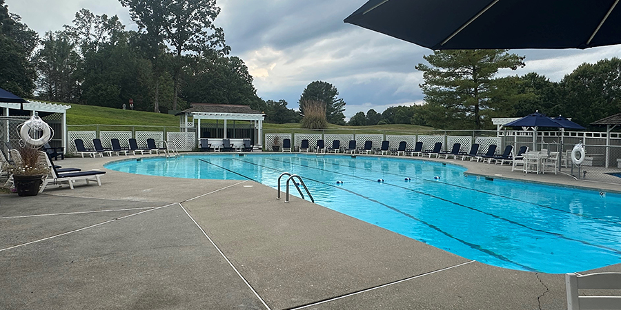 swimming pool, trees, lounge chairs