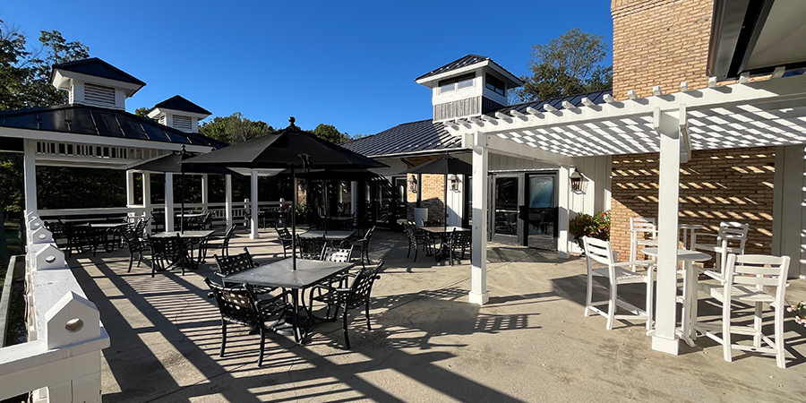 patio, tables, trees